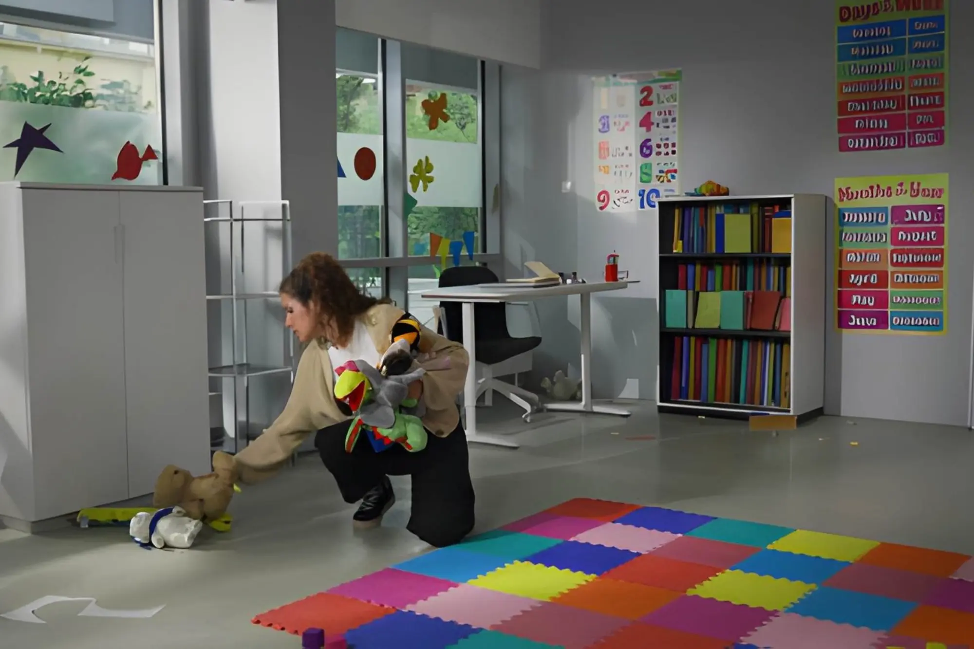 Cleaner cleaning a childcare room with toys and learning materials