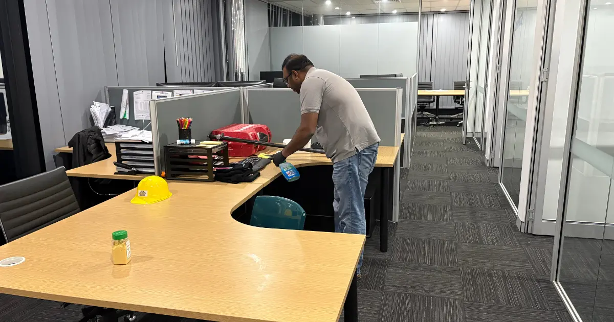 Cleaner servicing desks and work areas in a commercial office