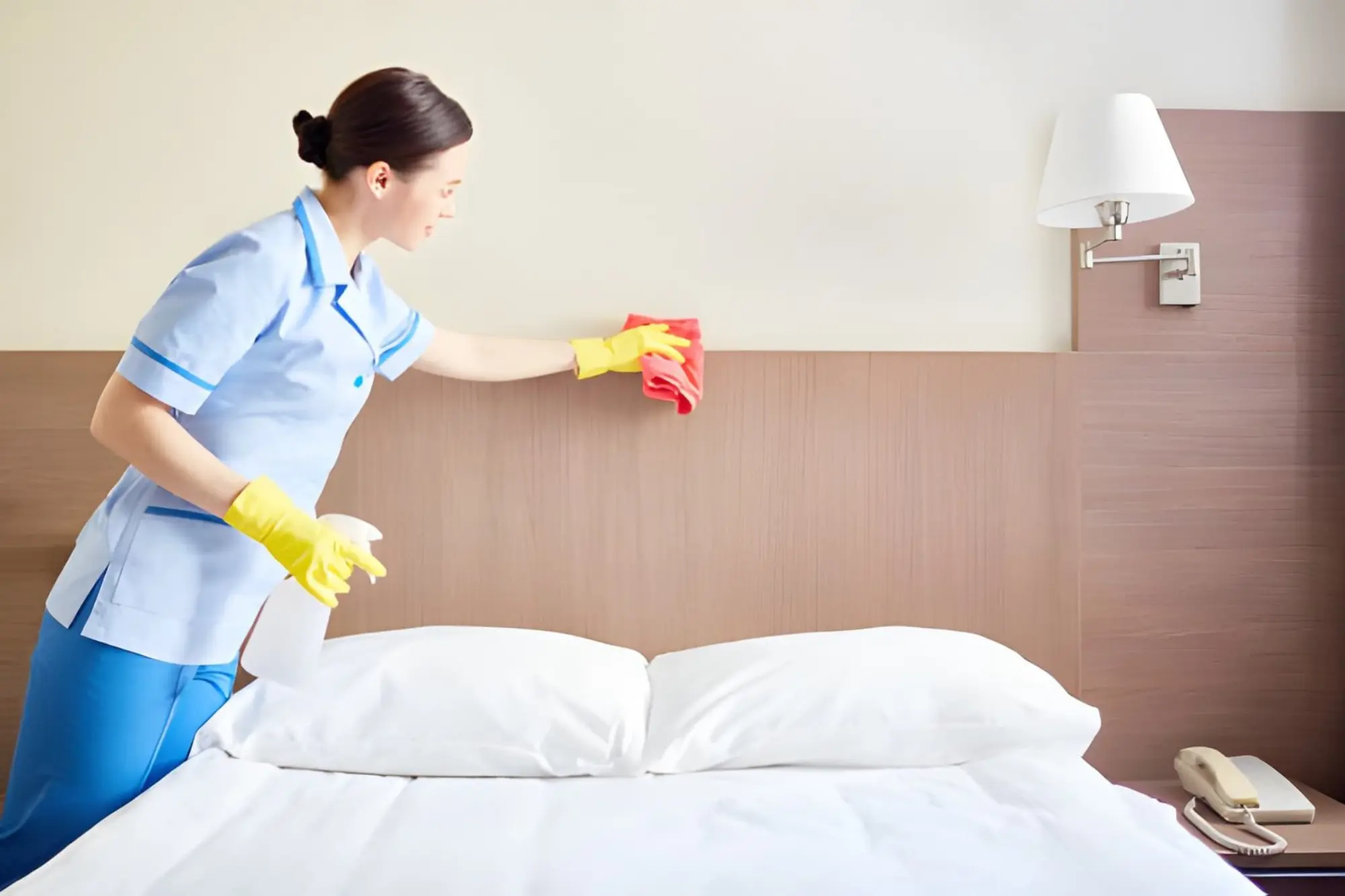 Cleaner cleaning a hotel guest room