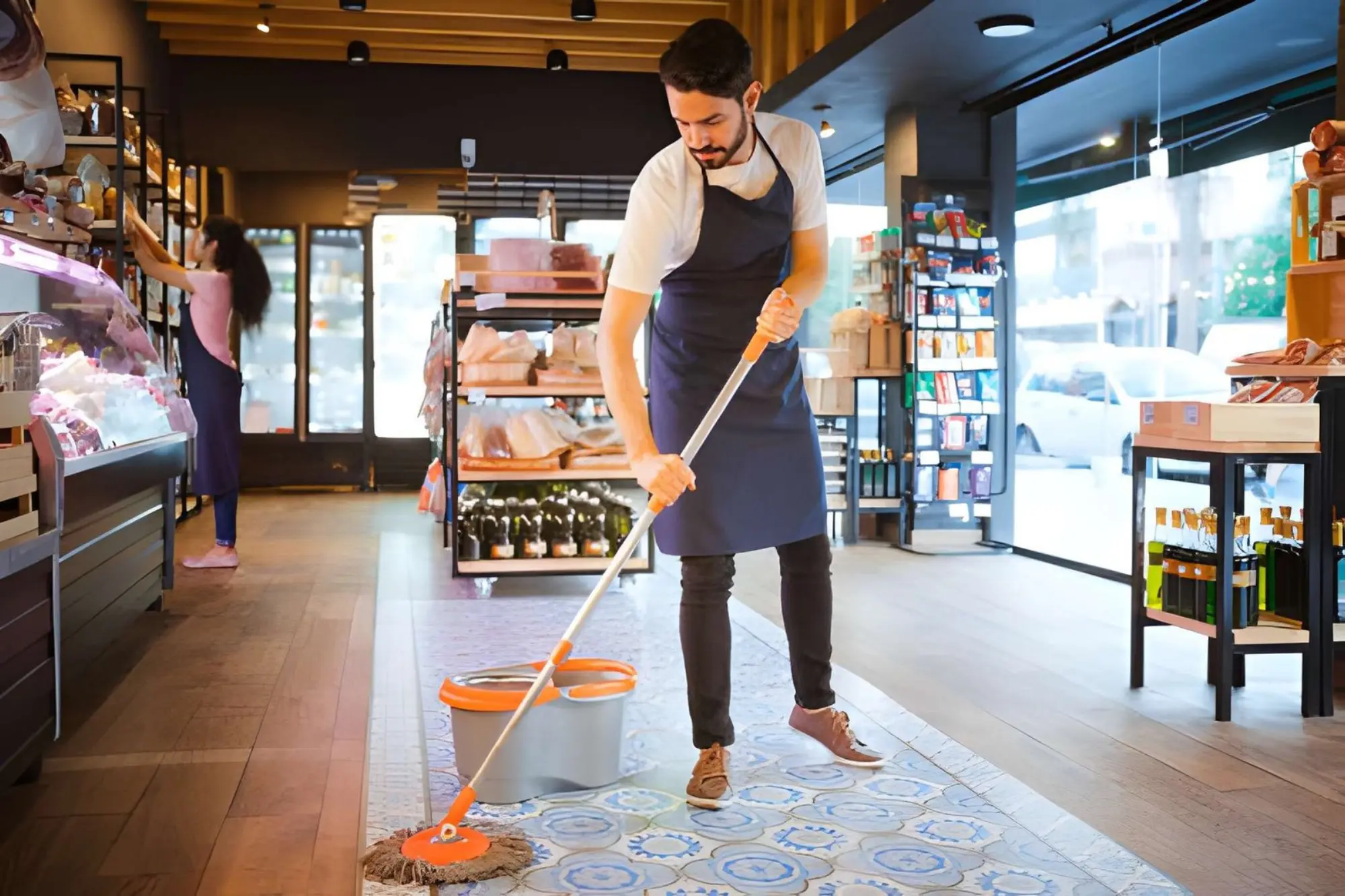 Cleaner mopping the floor inside a retail store