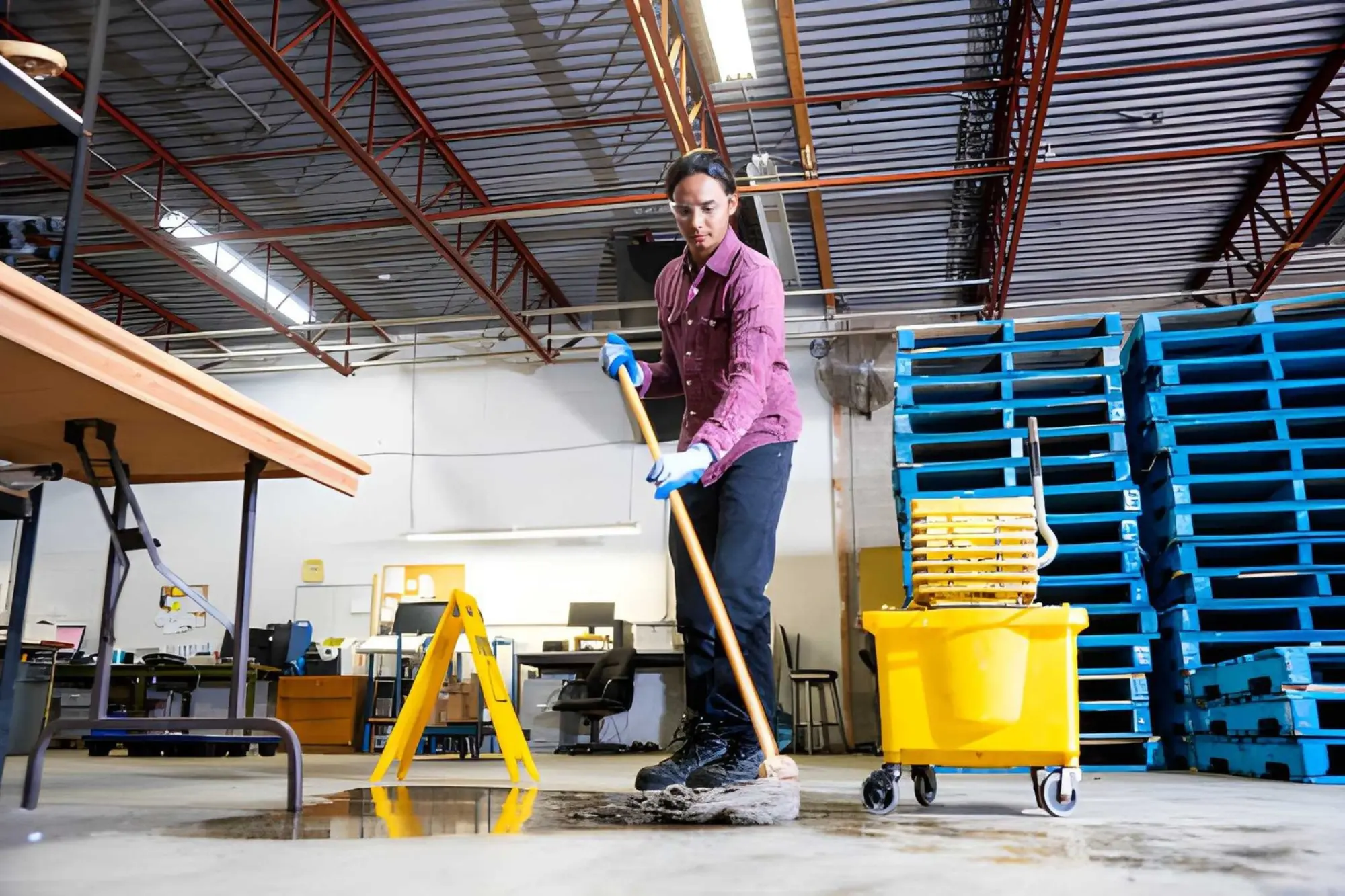 Cleaner mopping the floor in a warehouse